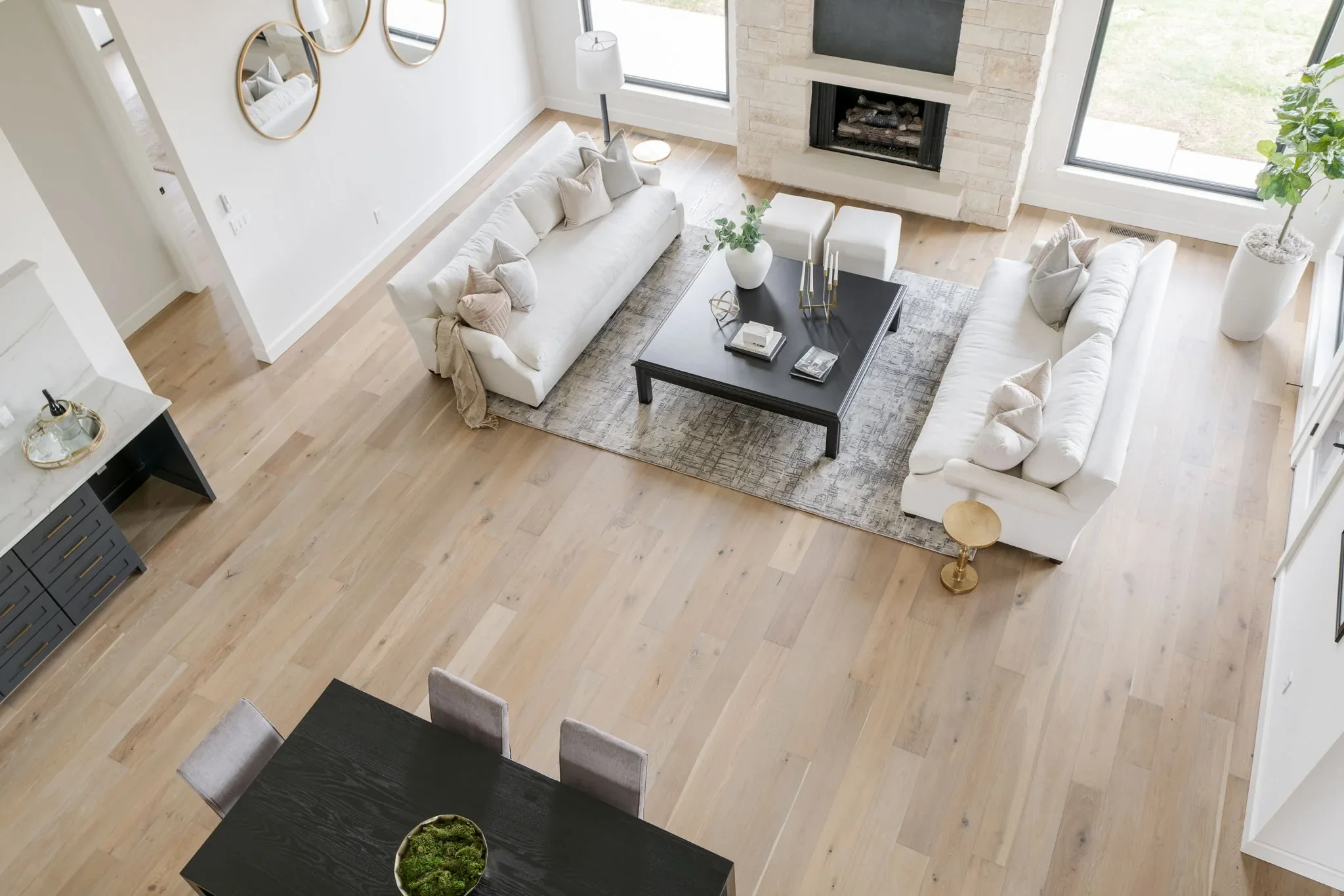 Overhead view of the double-height living and dining spaces