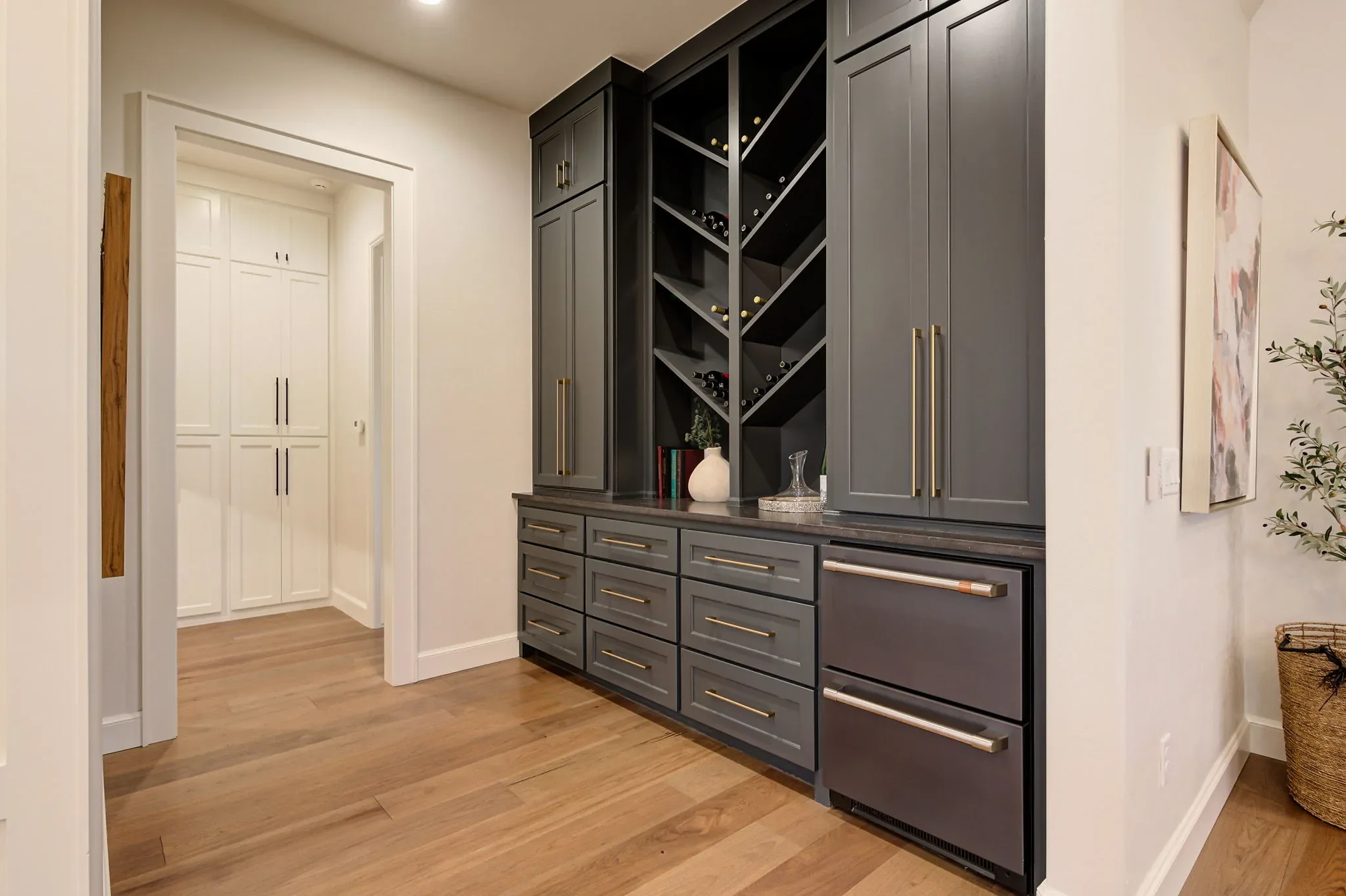 Charcoal beverage bar with wine storage and refrigerator drawers