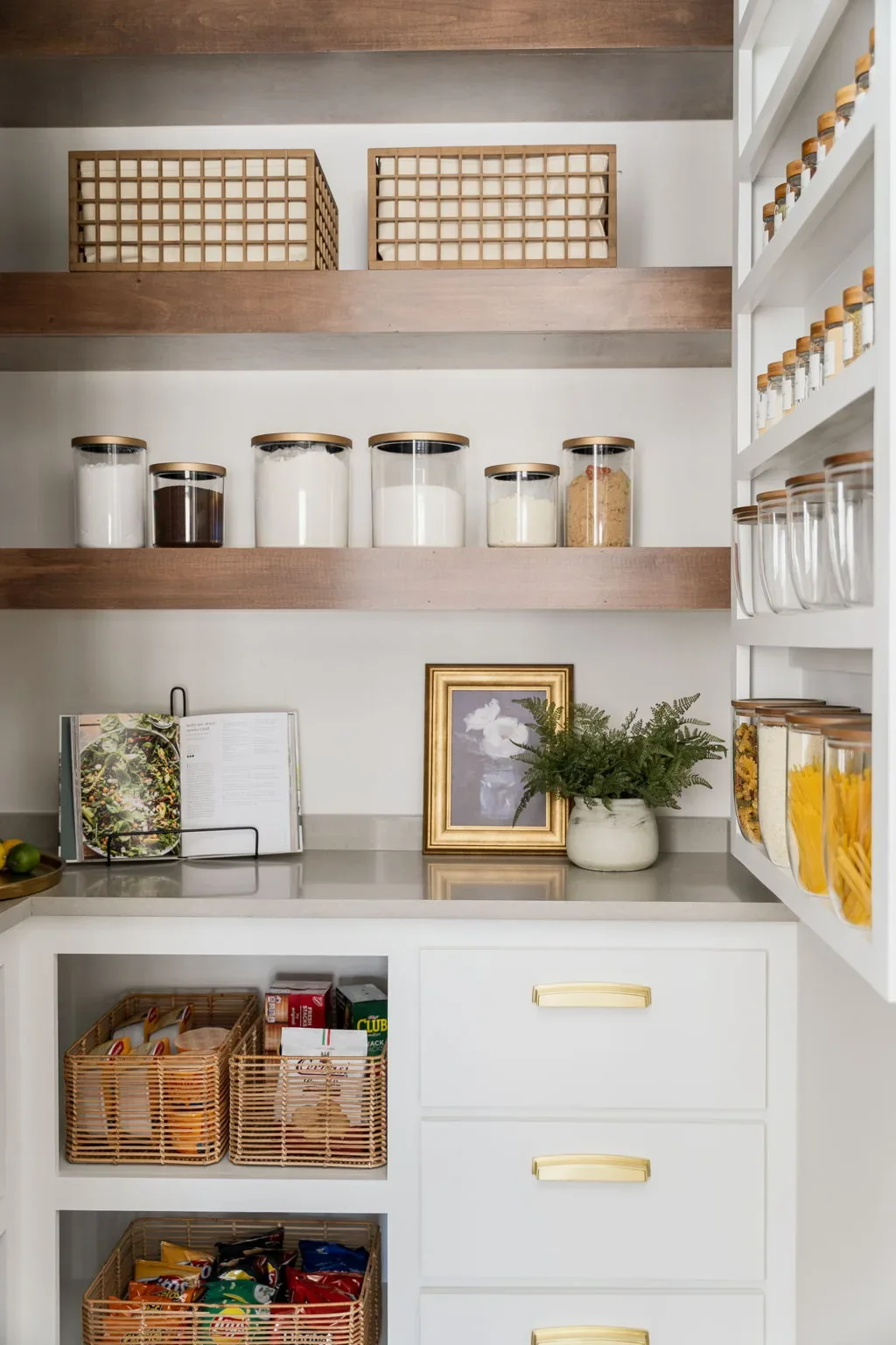 Walk-in pantry with dark wood shelves and organized storage