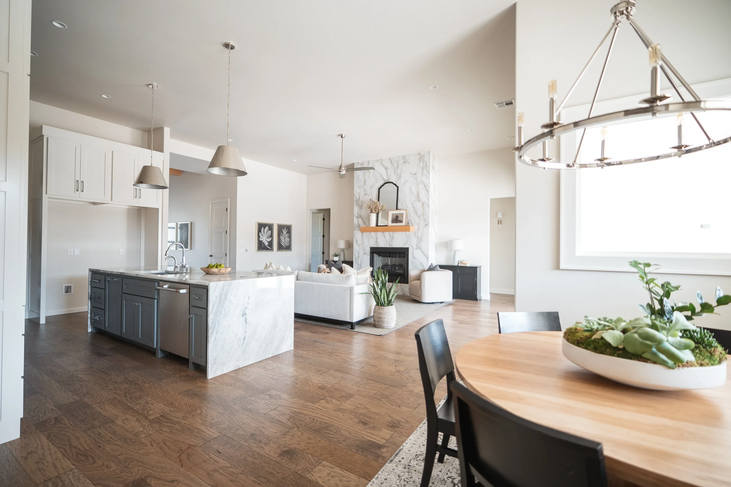 Kitchen, dining area, and living room in the open floor plan